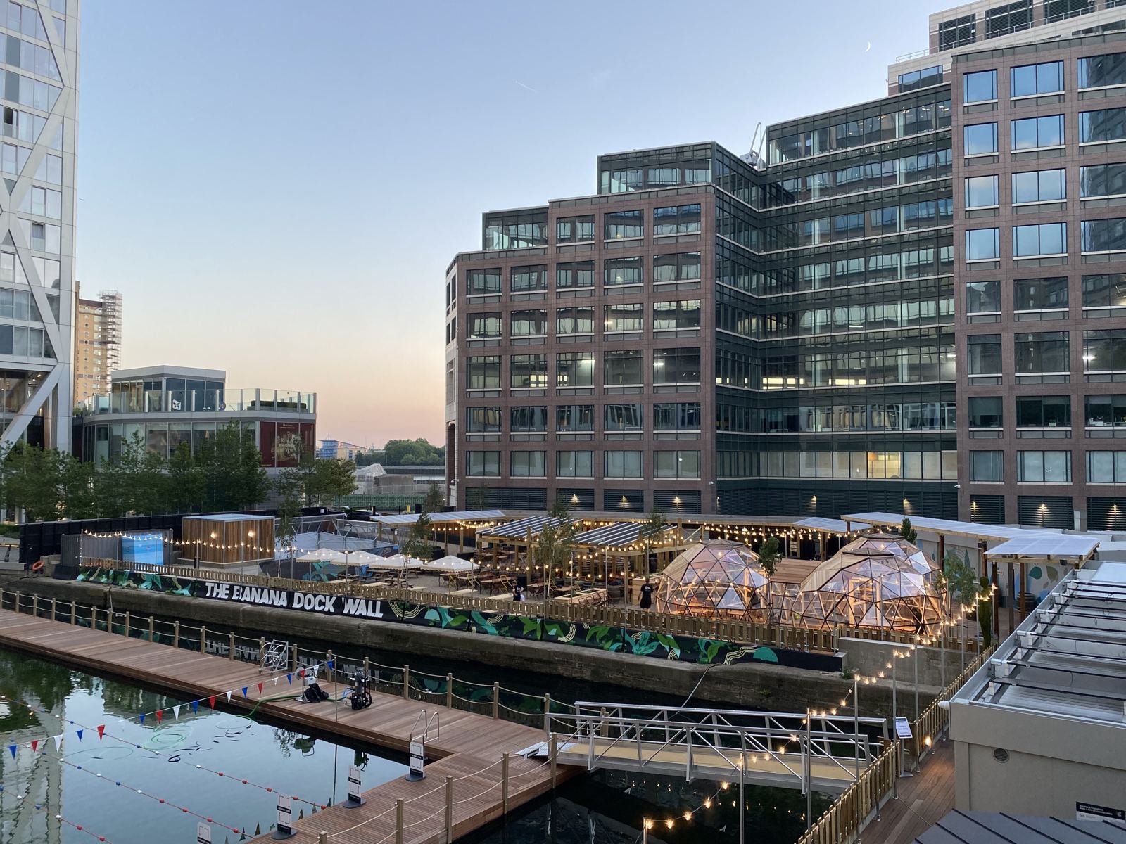 Daylight view of the dome cluster on the waterside hospitality terrace at Eden Dock