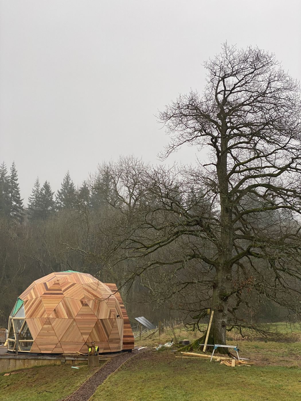 The Fold dome settled into the misty hillside landscape