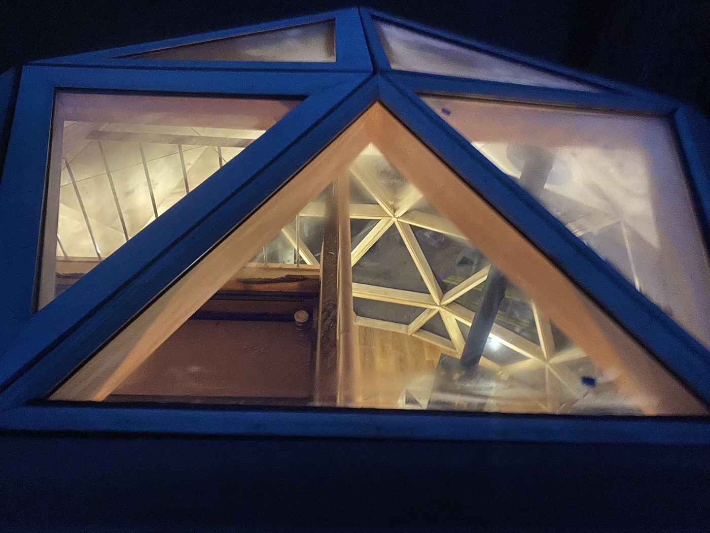 Night detail of the glazing lattice at The Fold