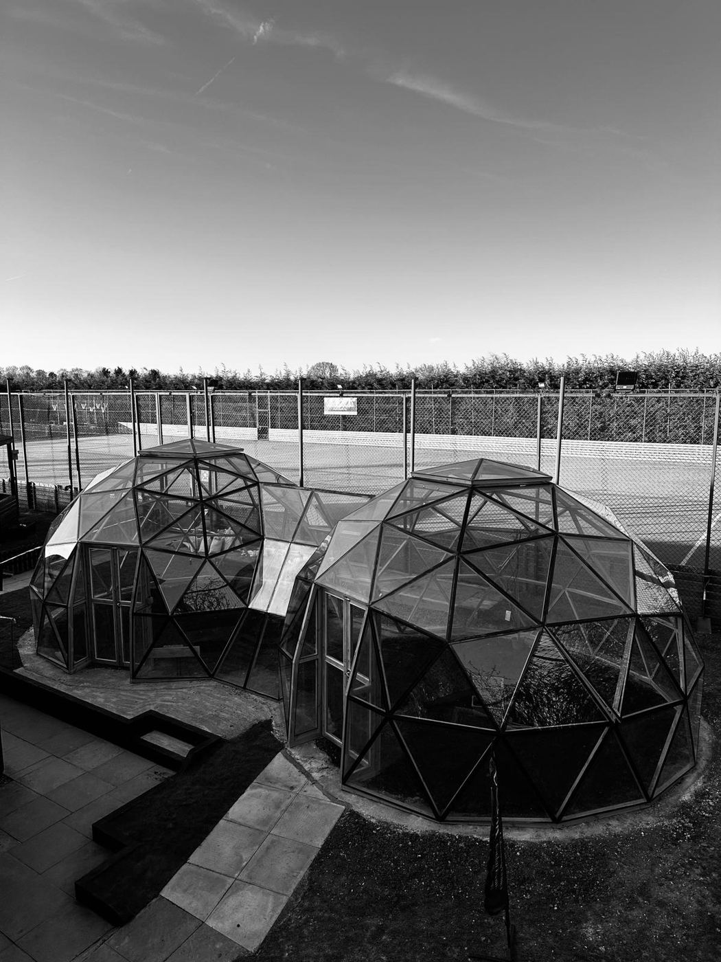 Looking through the glazed lattice between the two domes