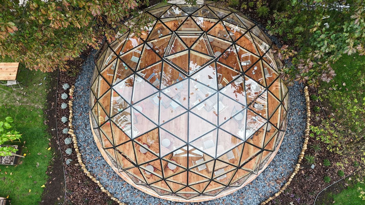 Top-down view of the dome and its planted surround